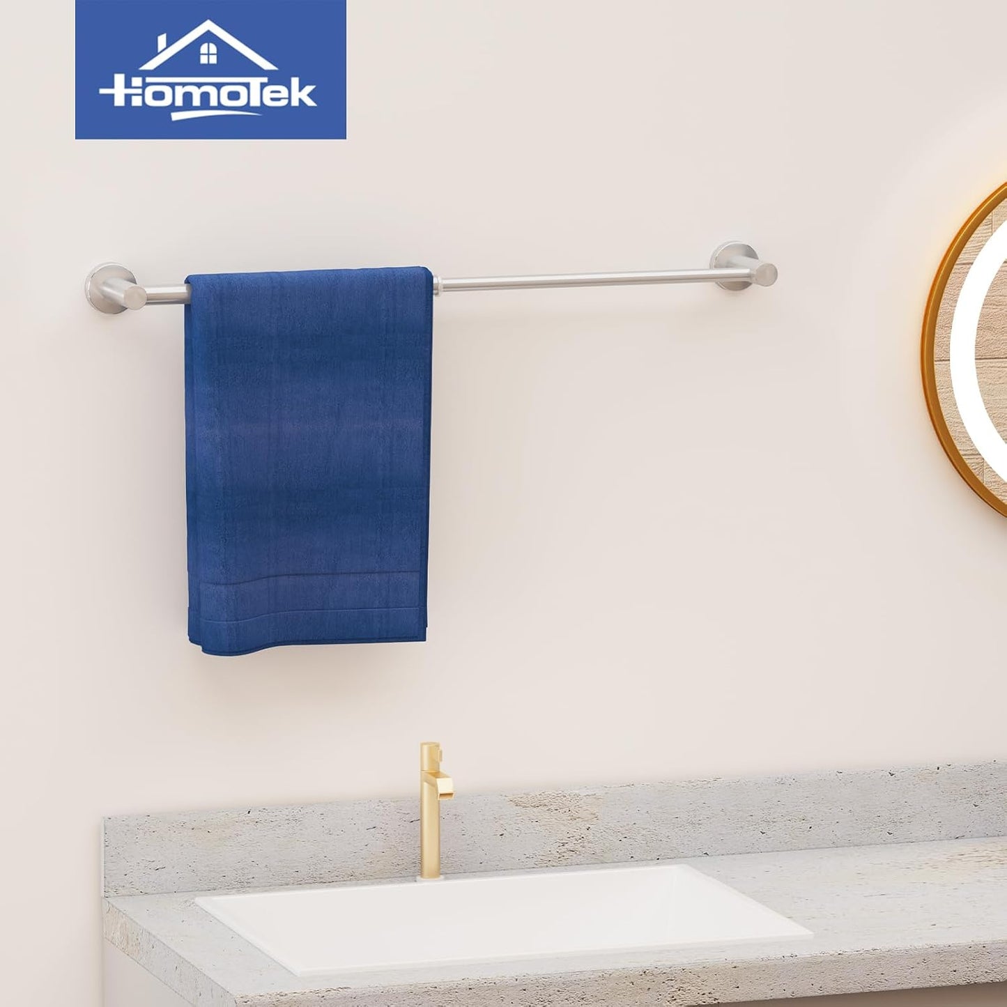 Adjustable Towel Bar, HOMOTEK Economical Bathroom Towel Holder Rod from 12 Inch to 22 Inch Single Towel Racks, Wall Mount Towel Rail, Towel Hanger Hook for Kitchen(1 Pack Brushed Stainless Steel)
