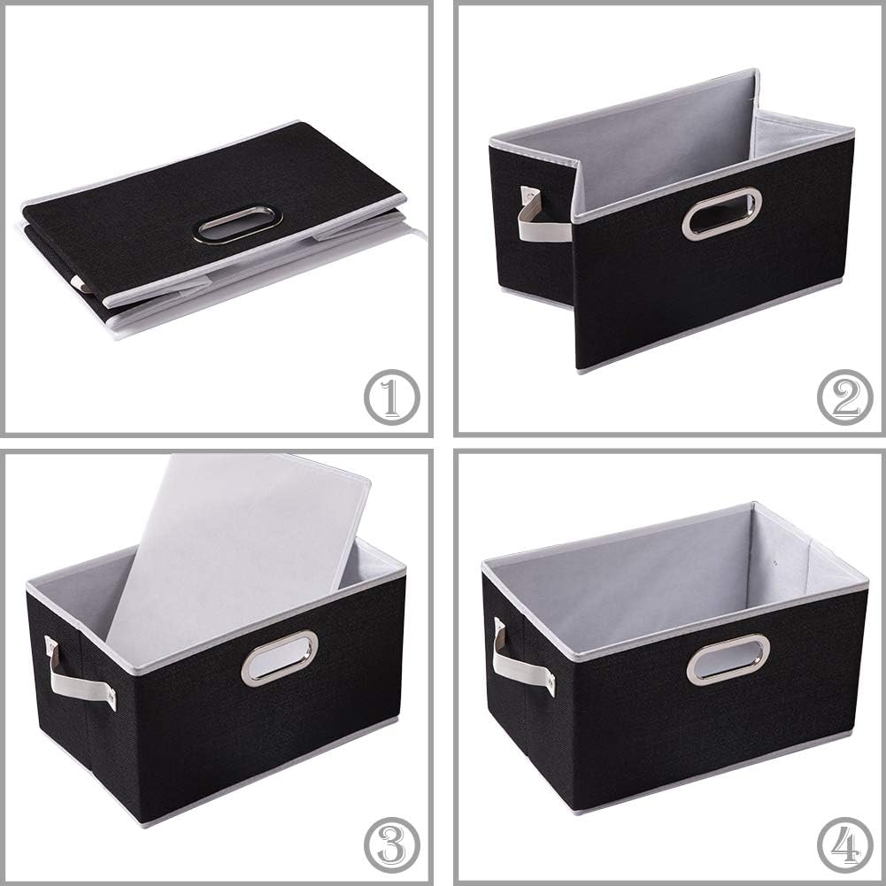 PRANDOM Larger Collapsible Storage Bins for Closet [5-Pack] Decorative Linen Fabric Storage Baskets Cubes with Leather/Metal Handles for Living Room Black (17.3x12.2x10.4 Inch)