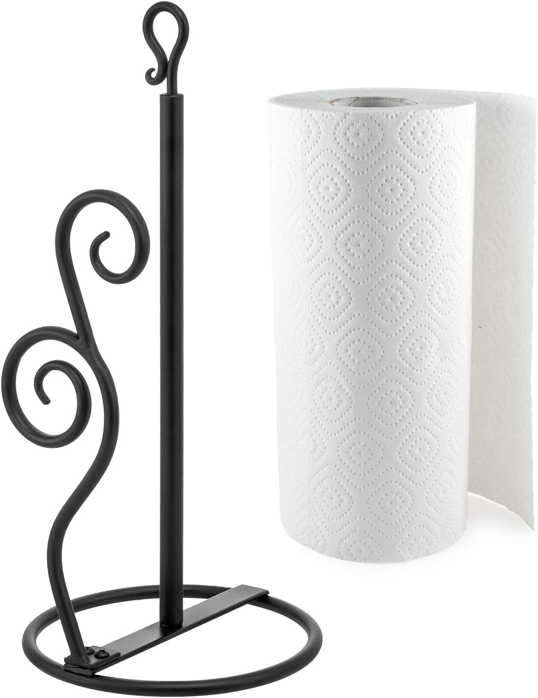 MyGift Rustic Burnt Solid Wood and Industrial Matte Black Metal Dining Combination Caddy with Paper Towel Roll Dispenser Stand, Napkin Holder, and Spice Rack (Matte Black Metal)