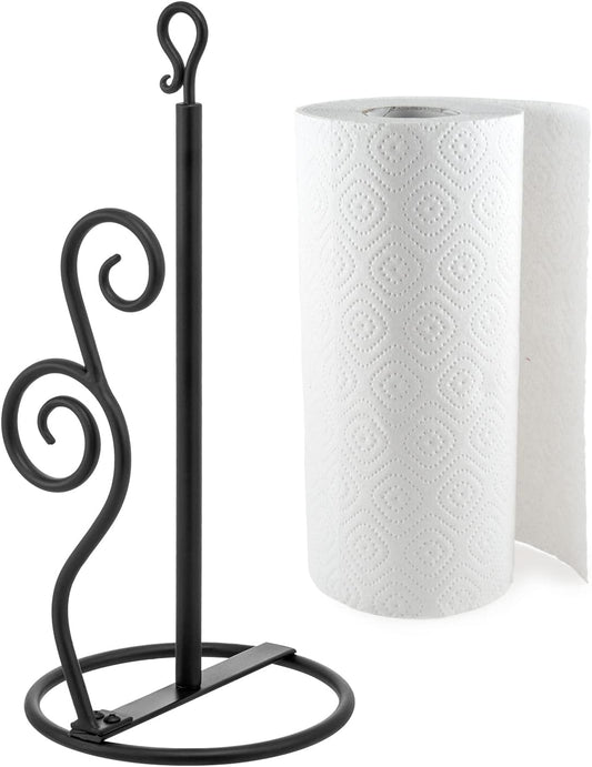 MyGift Rustic Burnt Solid Wood and Industrial Matte Black Metal Dining Combination Caddy with Paper Towel Roll Dispenser Stand, Napkin Holder, and Spice Rack (Matte Black Metal)