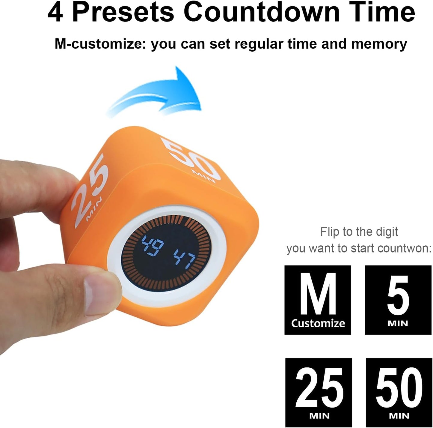 FCXJTU Rotating Cube Pomodoro Visual Timer 5, 25, 10 50 Minutes Preset, Rechargeable Desk Productivity Flip Custom Countdown Timer w/Silicone Cover, Silent Mode for ADHD Study, Work, School(Orange)