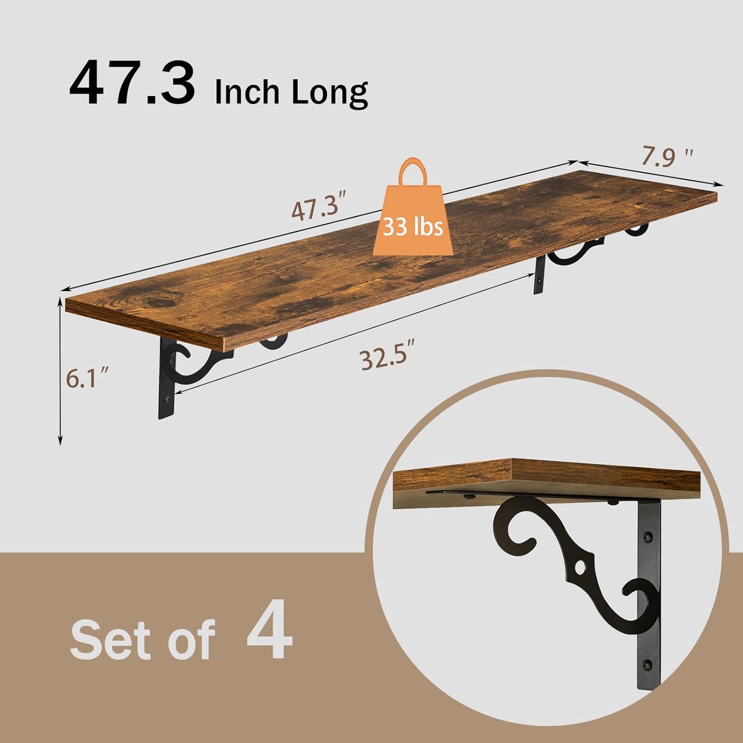 DINZI LVJ Long Wall Shelves, 47.3 Inch Large Floating Shelves Set of 4, Wide Display Shelf Wall Mounted with Brackets, Easy Hanging for Living Room, Toilet, Office, Bedroom, Rustic Brown