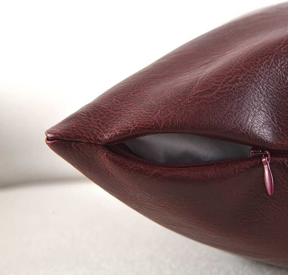 Fancy Homi Burgundy Long Lumbar Faux Leather Decorative Throw Pillow Covers 14x24 Inch for Outdoor Couch Bed, Modern Farmhouse Boho Home Decor, Wine Red Hand Stitched Cushion Case 35x60 cm
