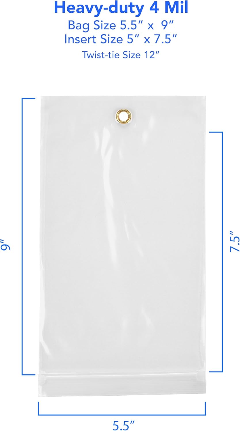 GPI - 5.5" x 9" Reclosable Zip Bags with Bottom Hang-hole & Pre-inserted 12" Twist-tie. 4 Mil Heavy-duty Resealable Zipper Baggy with Grommet/Metal Eyelet for Hanging (Insert Size 5x7.5) 100 Pack