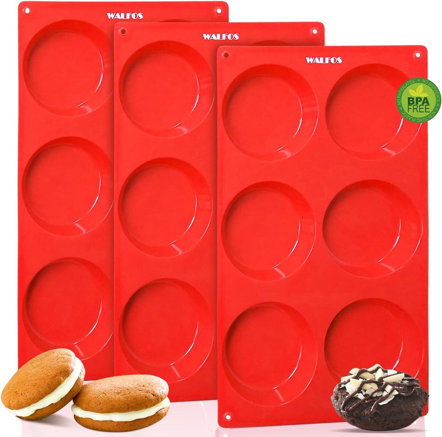 Walfos Silicone Whoopie Pie Baking Pans, 3 Pcs Non-Stick Muffin Top Pan. Food Grade and BPA Free Silicone, Great for Muffin, Eggs, Tarts and More, Dishwasher Safe