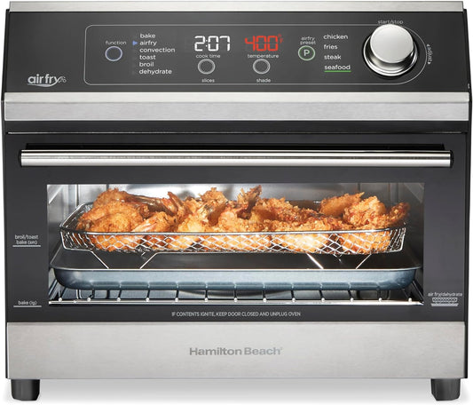 Hamilton Beach Digital Air Fryer Toaster Oven Combo, 10 Ways to Cook, 4 Preset Functions, Stay On & 1800 Watts, LED Capacitive-Touch Controls, 2 Rack Positions, Fits 12” Pizza, Black & Stainless Steel