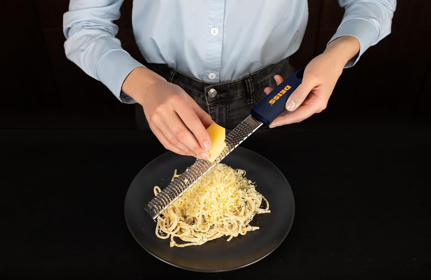 Deiss PRO Citrus Zester & Cheese Grater - Parmesan Cheese Lemon, Ginger, Garlic, Nutmeg, Chocolate, Vegetables, Fruits - Razor-Sharp Stainless Steel Blade, Wide, Dishwasher Safe (BLACK)