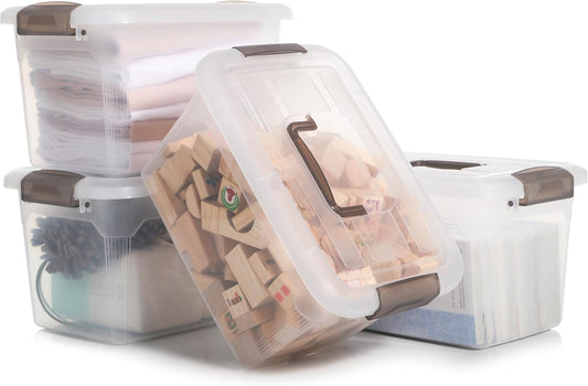 Citylife 4 Packs 8.5 QT Storage Bins with Lids Clear Plastic Bins with Grey Handle Stackable Storage Containers for Organizing