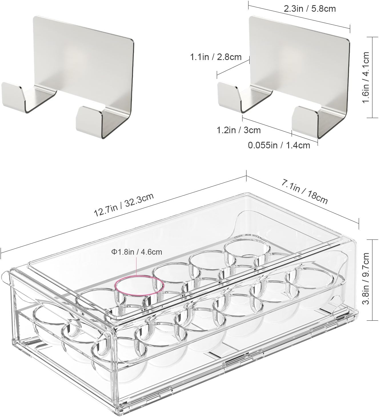 BPA Free Stackable Egg Container - 18 Egg Refrigerator Organizer with 2 Kitchen Hooks, Clear