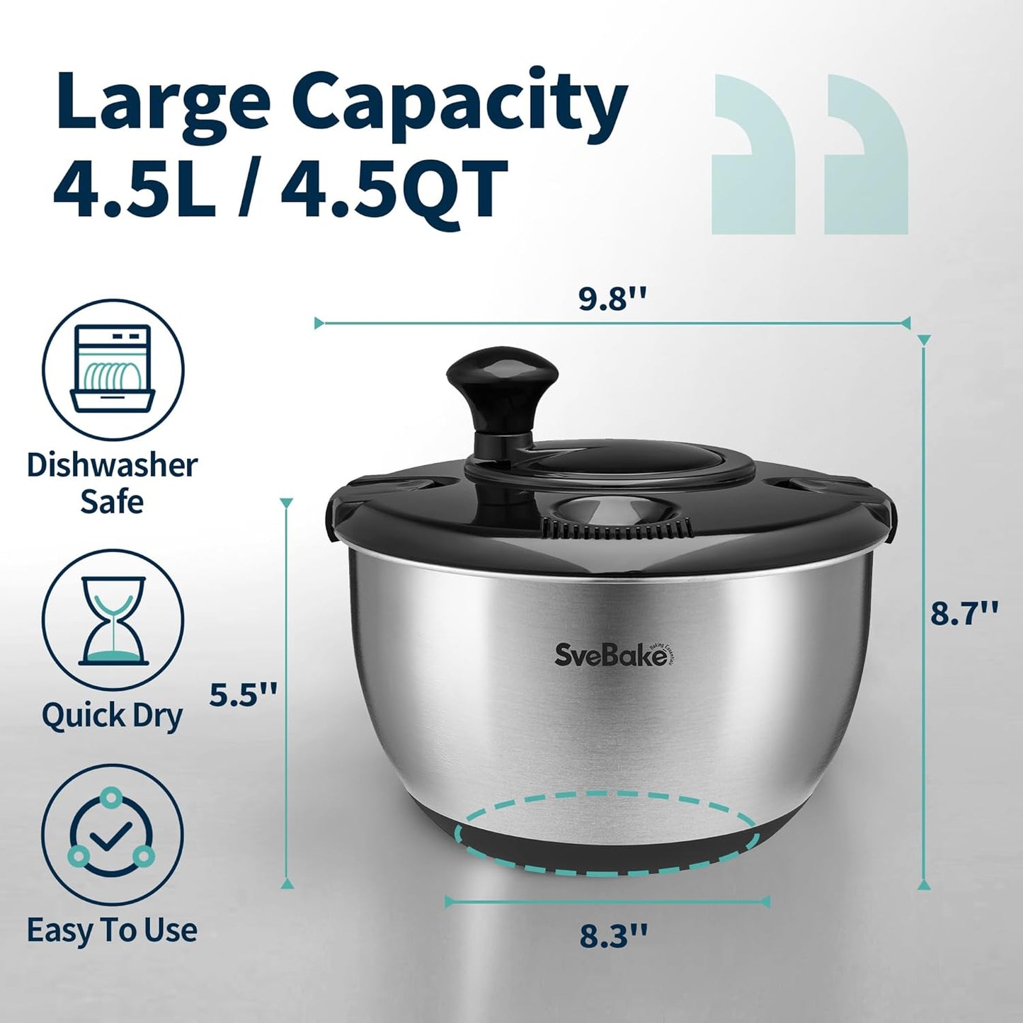 Stainless Steel Salad Spinner, 4.2 Qt Vegetable Washer, BPA-Free Lettuce Dryer with Crank Design, Dishwasher Safe, Non-Slip Base - Black Lid
