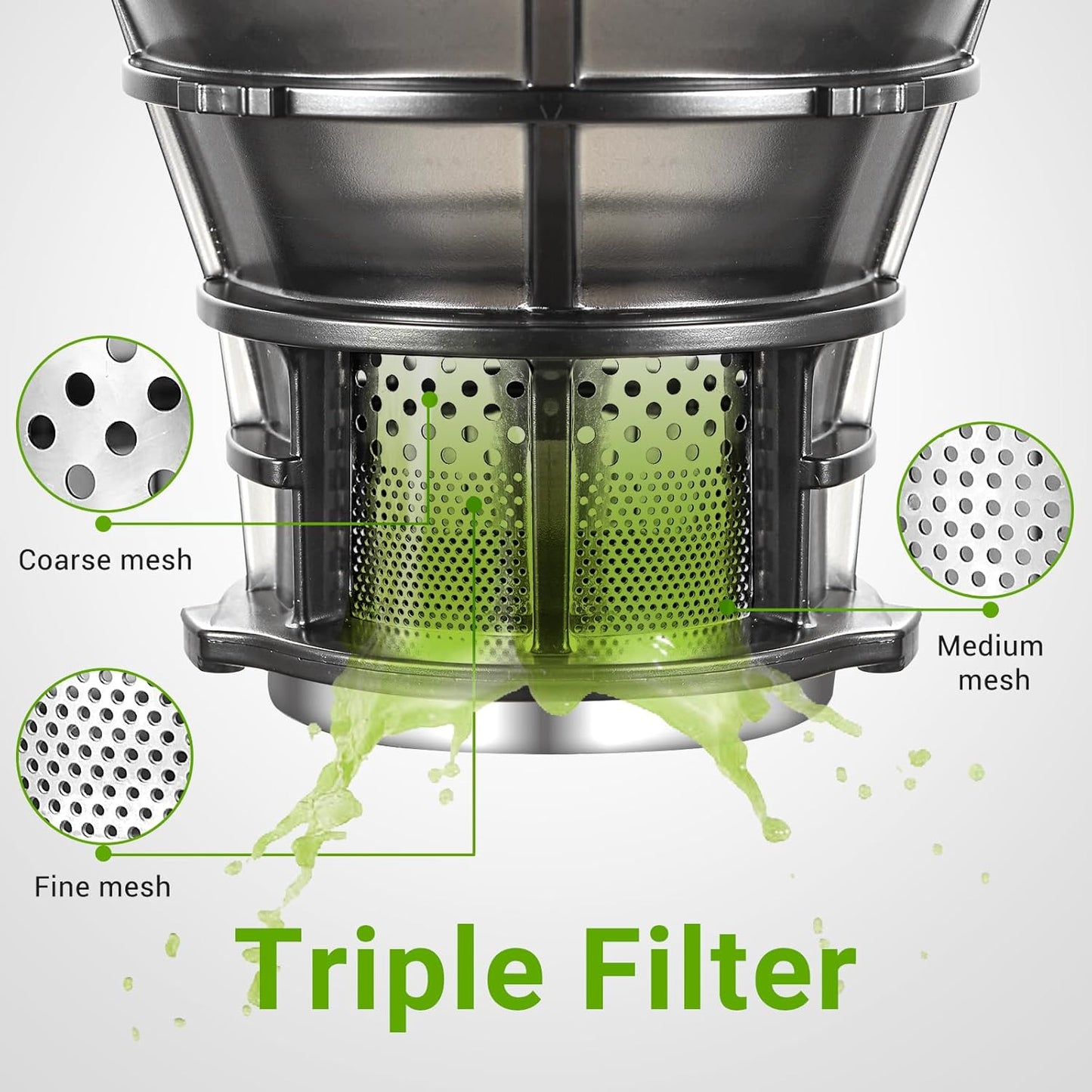 AMZCHEF Juicer Machines, 5.8" Extra Self-Feeding Cold Press Juicer for Whole Vegetable & Fruit, Juice Extractor Machine with Large Auger & Triple Strainers, Easy to Clean, High Juice Yield, Green