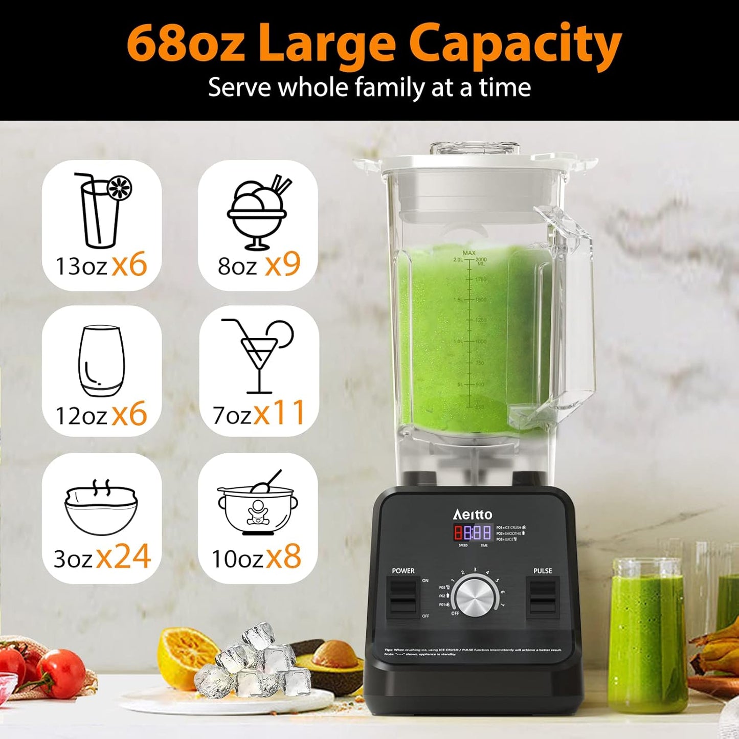 Aeitto Blender, Blenders for Kitchen with 1500-Watt Motor, 68 Oz Large Capacity, Countertop Professional Blenders for Ice Crush, Frozen Drinks, Black