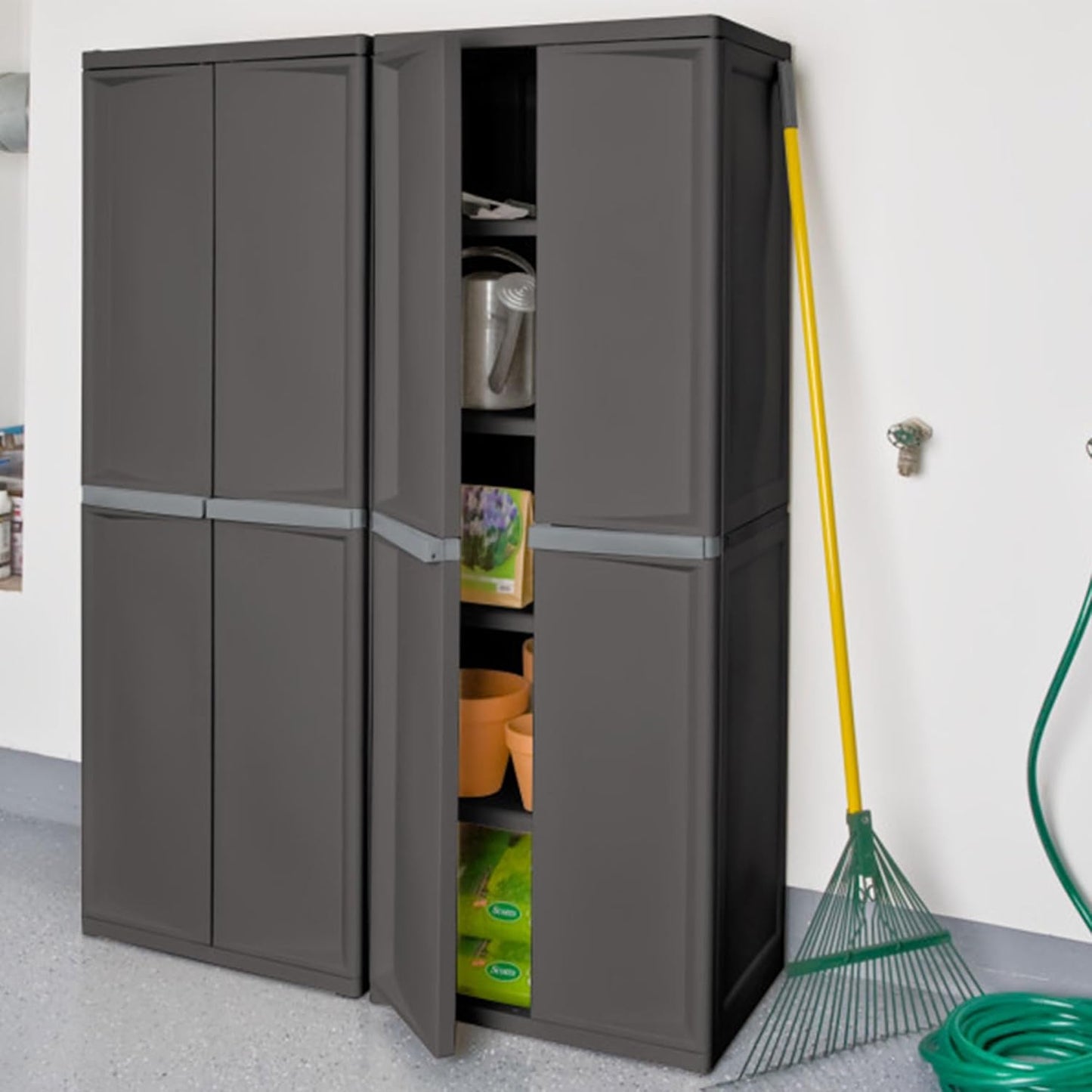 Sterilite 2-Pack 4 Shelf Cabinet, Lockable Utility Storage w/ Adjustable Shelves, Gray - Plastic Shelving Unit for Organizing Garage, Pantry, Basement, Laundry Room or Mudroom