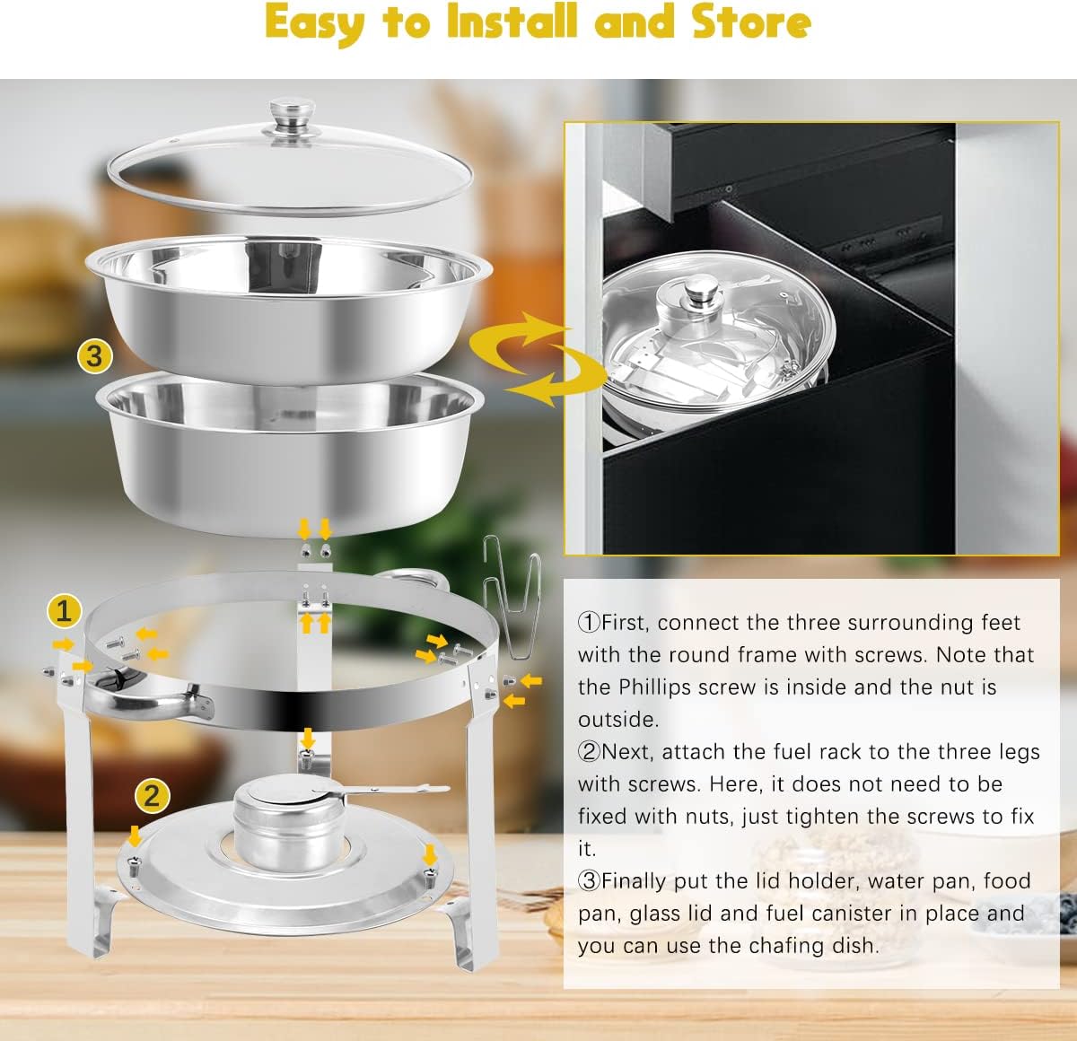 Chafing Dish Buffet Set 6 Packs, 5 QT Stainless Steel Round Chafing Dishes with Glass Lid & Lid Holder, Food Warmer For Parties Buffet Weddings Catering Events