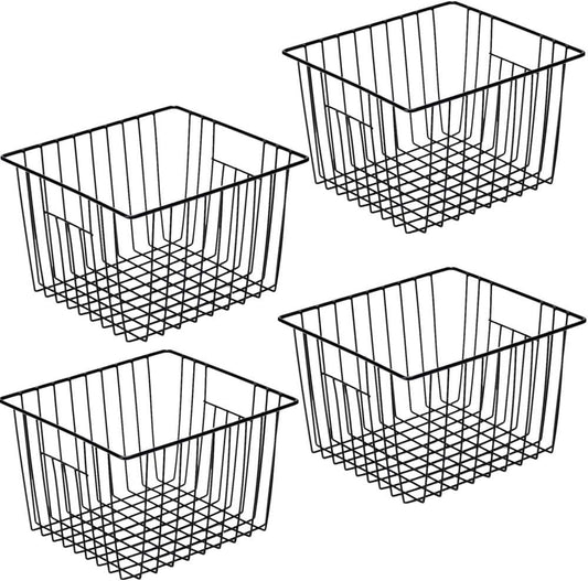 SANNO Freezer Storage Baskets, Pantry Storage Wire Basket Organizer Bins Refrigerator Bin with Built-in Handles for Cabinets, Pantry, Closets, Bedrooms - Set of 4 Black, Black,11"x 10"
