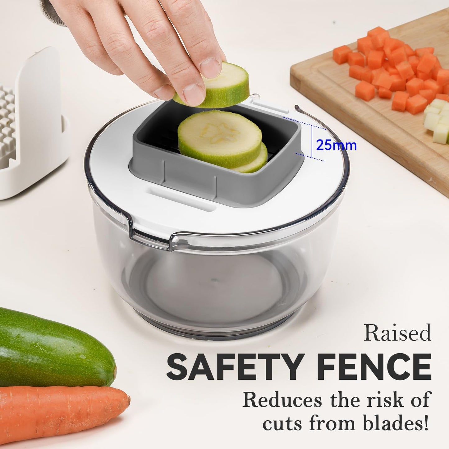 KEOUKE Multifunctional Vegetable Chopper Bowl White - 3 Interchangeable Blades Potato French Fry Cutter with Container & Storage Box Food Chopper Dicer for Cucumber, Tomato, Carrot, Onion