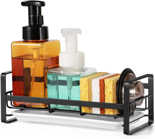FANGSUN Large Sponge Holder for Kitchen Sink, 304 Stainless Steel Sink Caddy Organizer with Removable Drip Tray, Countertop Dish Soap Holder, Not Include Soap Dispenser, Black