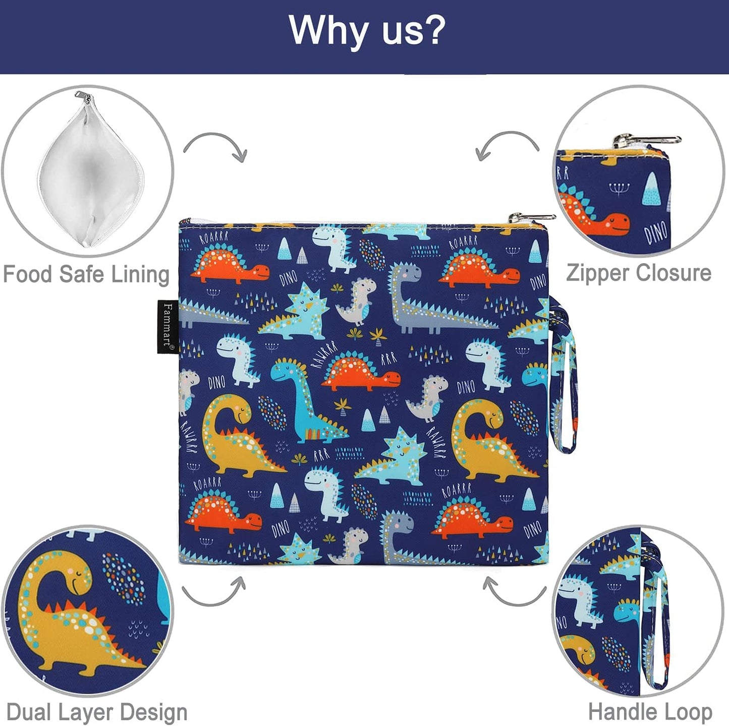 Reusable Sandwich Bag/Snack Bag for Kids & Adults, Dual Layer Lunch Bag with Handle, Cosmetic Bag Makeup Travel Bag for Women Girls, Washable, Food Safe, BPA Free (1-Pack, Dinosaur)