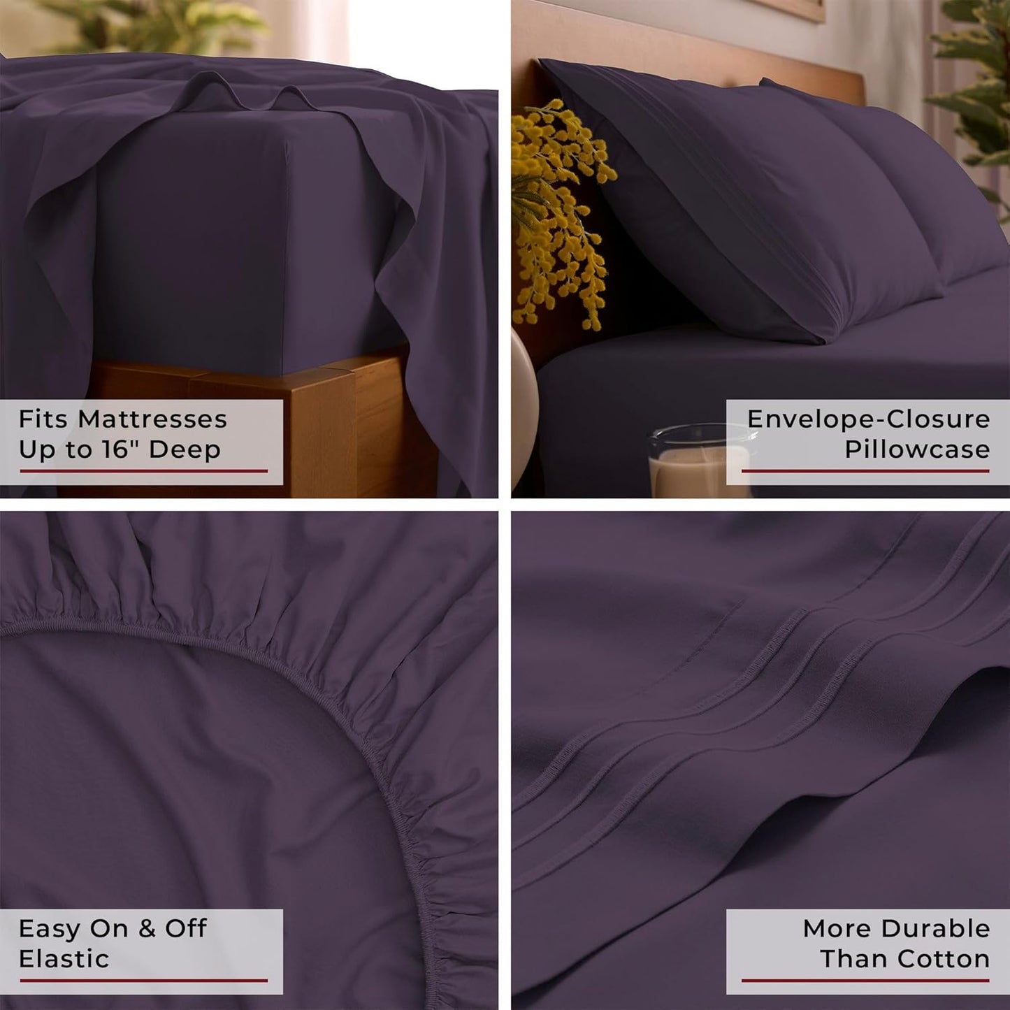 Mellanni Queen Sheets Set - 4 PC Iconic Collection Bedding - Hotel Luxury, Extra Soft, Cooling Bed Sheets - Wrinkle, Fade, Stain Resistant (Queen, Purple)