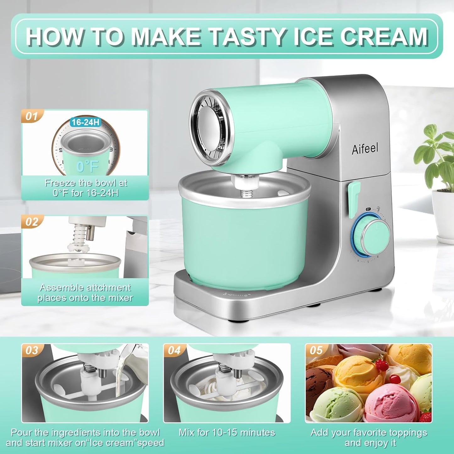 Aifeel Stand Mixer,6.5QT Kitchen Electric Mixer with 2QT Ice Cream Maker Bowl, 6 in 1 Multifunctional Bread Dough Mixer with Dough Hook,Whisk & Beater, Food Mixer for Baking (Green-Silver)