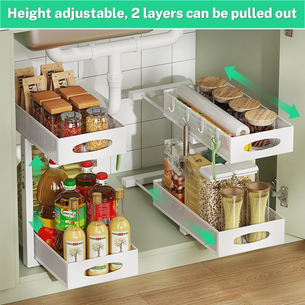 2-pack under sink organizer, 2-tier under sink organizer and storage, slide-out pull-out cabinet organizer with mesh metal sliding drawer for home kitchens, bathrooms, pantries (white)
