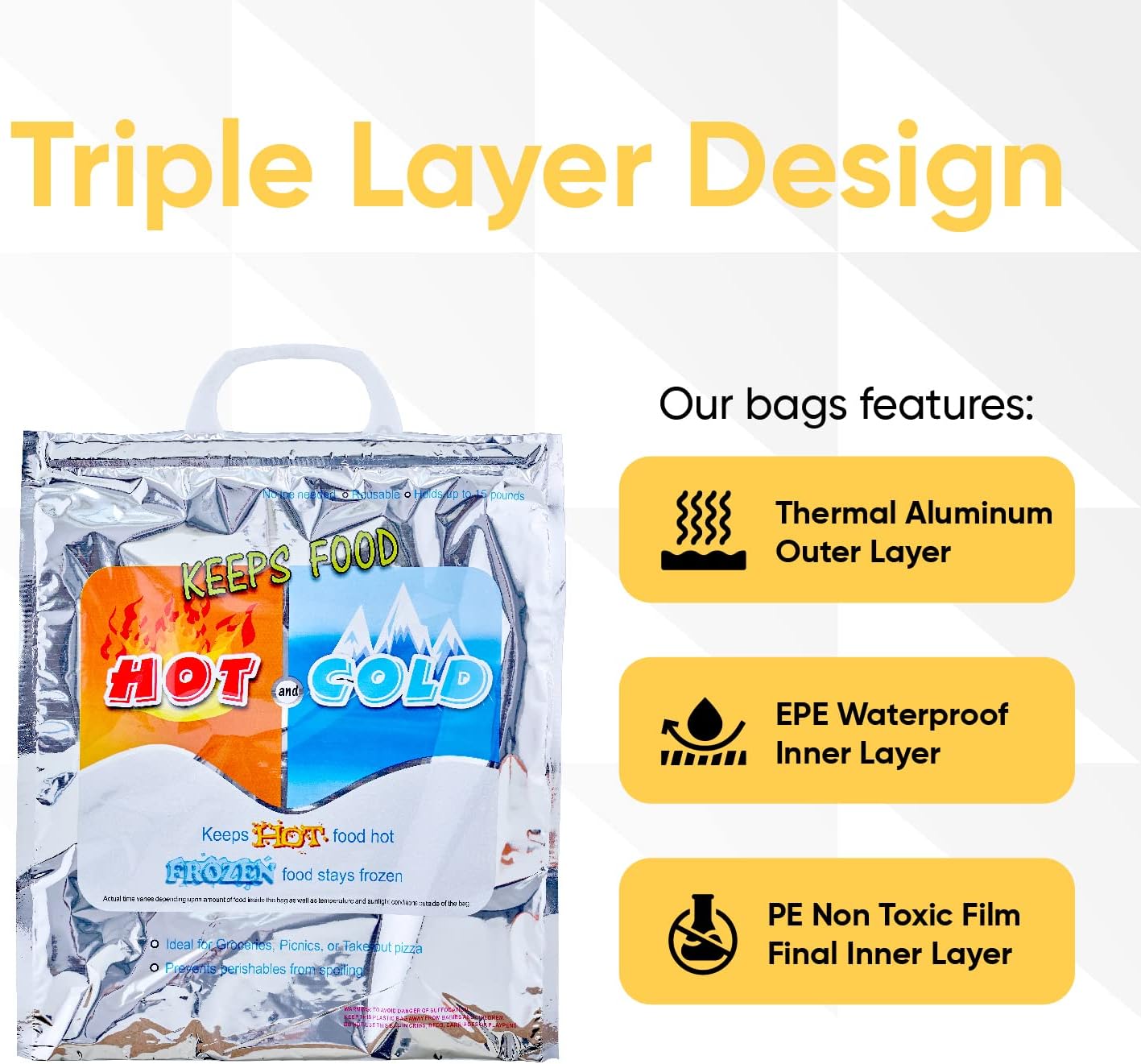 Superio Hot and Cold Insulated Bags for Food Delivery, Grocery Shopping Bags, Food Storage for Hot and Frozen Food for Travel, Disposable Cooler Bag, Reinforced Thermal Lunch Bag (10, 13"x7"x15.5")