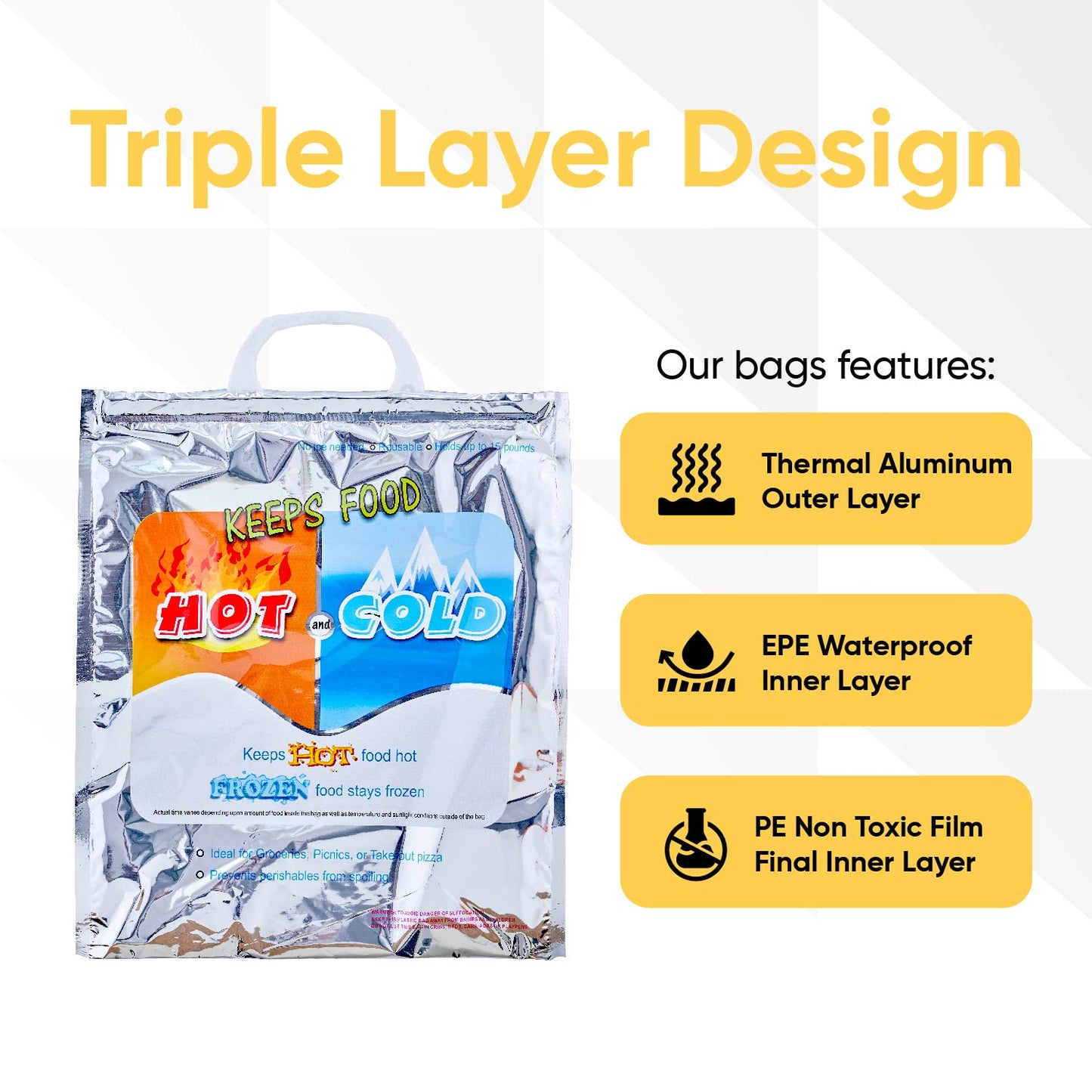 Superio Hot and Cold Insulated Bags for Food Delivery, Grocery Shopping Bags, Food Storage for Hot and Frozen Food for Travel, Disposable Cooler Bag, Reinforced Thermal Lunch Bag (3, 16"x19.25")