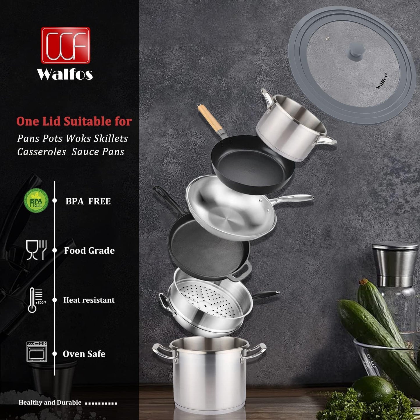 Walfos Universal Lid for 10.5", 11.5" and 12" Diameter Cookware, Fits Pots, Pans and Skillets - Walfos Tempered Glass Pan Lid with Heat Resistant Silicone Rim, BPA Free Pot Lids, Dishwasher-Safe, Gray
