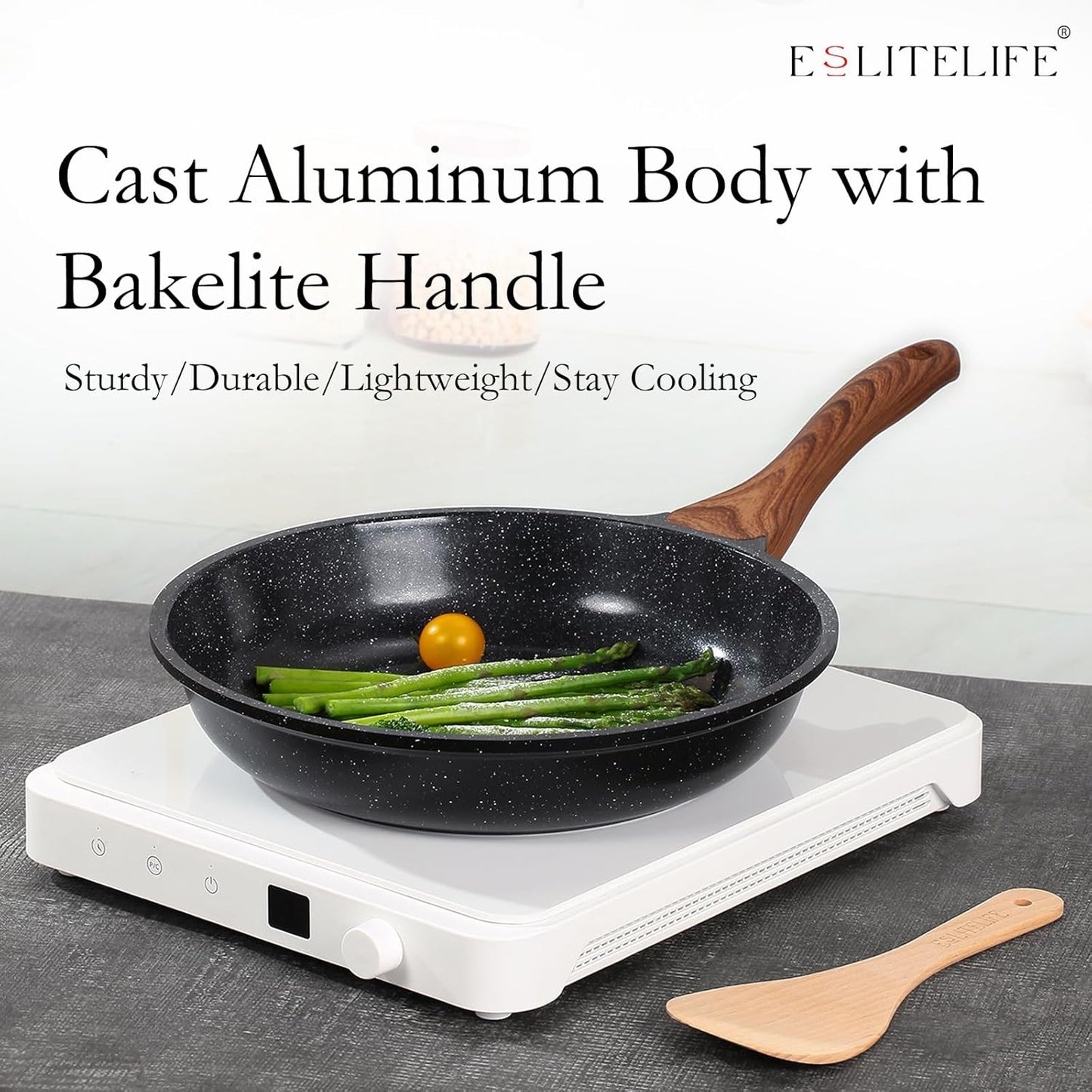 ESLITE LIFE Nonstick Ceramic Frying Pan Skillet with Lid, Non-Toxic Egg Omelette Kitchen Cooking Pans Compatible with All Stovetops (Gas, Electric & Induction), PTFE & PFOA Free (Black, 9.5" w/Lid)