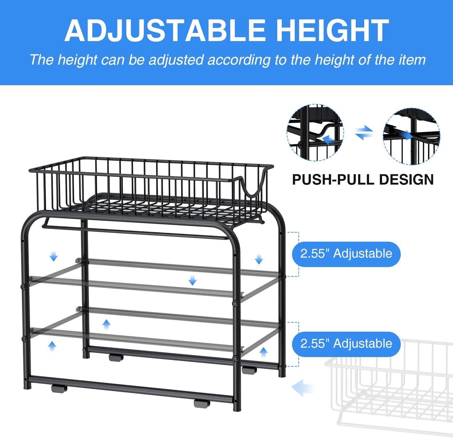 AIYAKA Pull-out Cabinet Organizer, Stackable 2-tier Under Sink Rack, with Sliding Storage Drawer for Pantry, and Desktop, for Bathroom, Kitchen, Office, Black