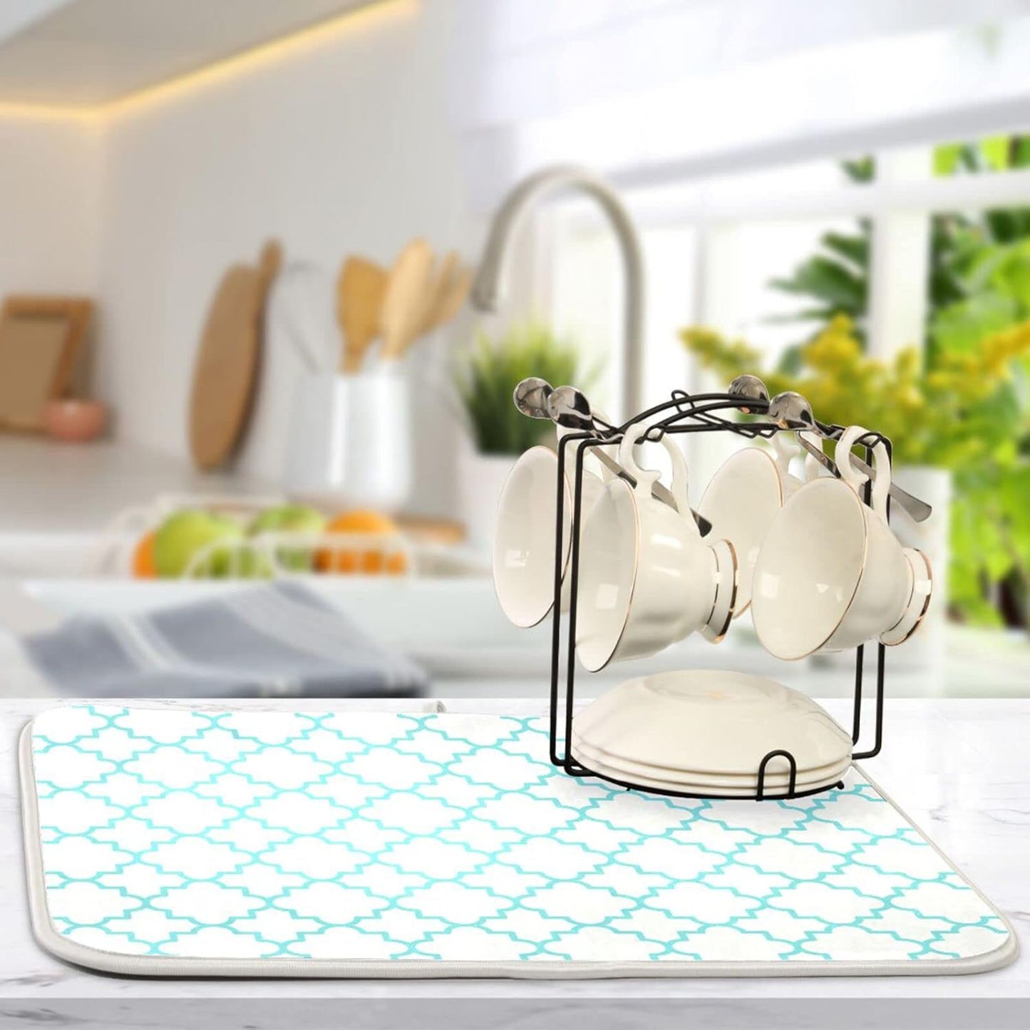 Senya Super Absorbent Dish Drying Mat, Microfiber Fast-Drying Dish Mat, 16/ x 18/, Kitchen Dish Drying Pad, Traditional Quatrefoil Lattice Pattern