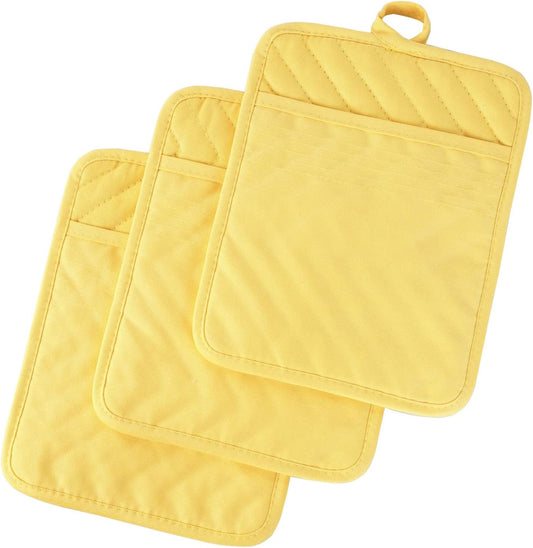 Anyi Pot Holders and Oven Mitts 7" X 9" Heat Resistant Cotton Pocket Pot Holder Set Feature of Non Slip Kitchen Hot Pad Oven Mitts, 3-Pack (Aspen Gold)