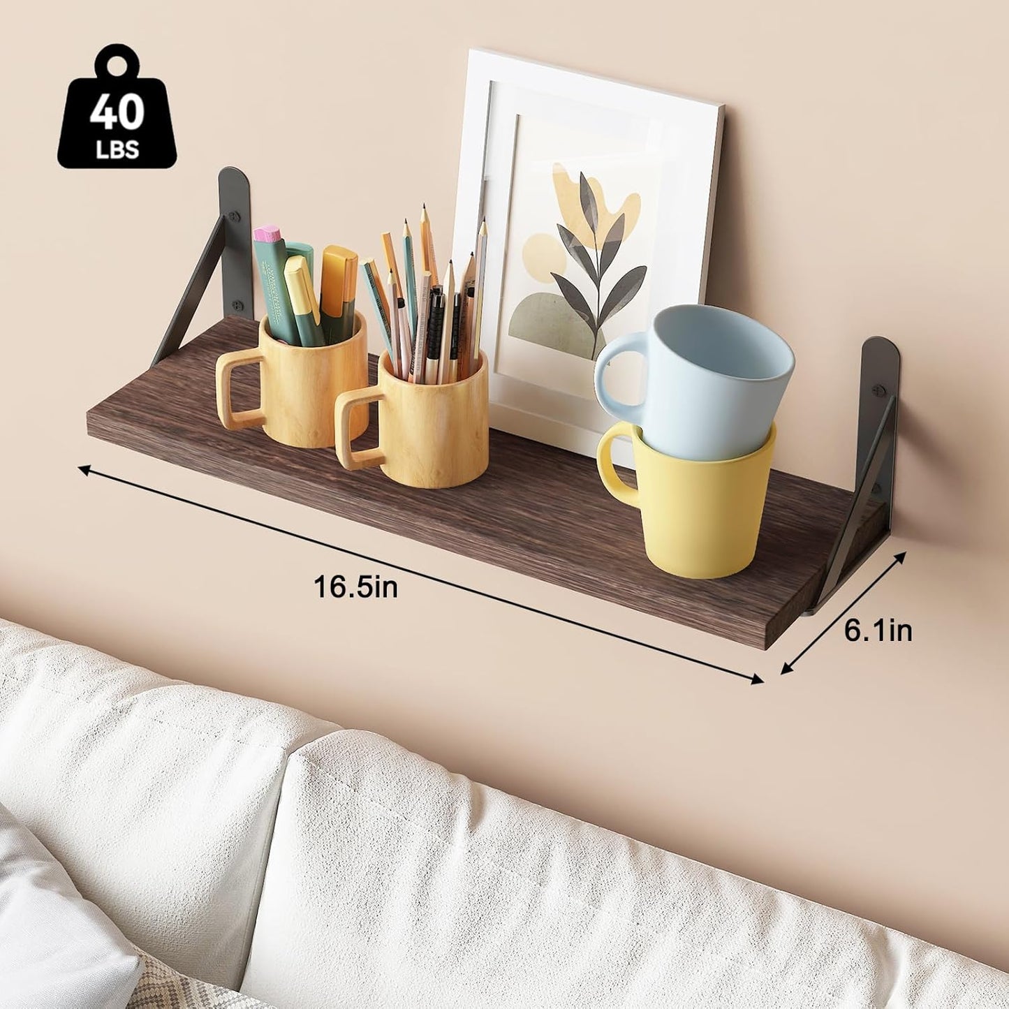 YGEOMER 16.5 Inch Floating Shelves for Wall, Farmhouse Wall Shelves for Bedroom, Bathroom Storage, Living Room and Kitchen Decor (Set of 6 Brown)