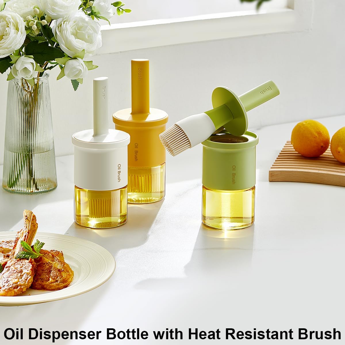 Glass Oil Dispenser with Heat Resistant Brush,Oil Dispenser Bottle with Silicone Pastry Brush for Kitchen,Cooking Vinegar and Sauce BBQ Grill Frying (Oil Dispenser-Green)