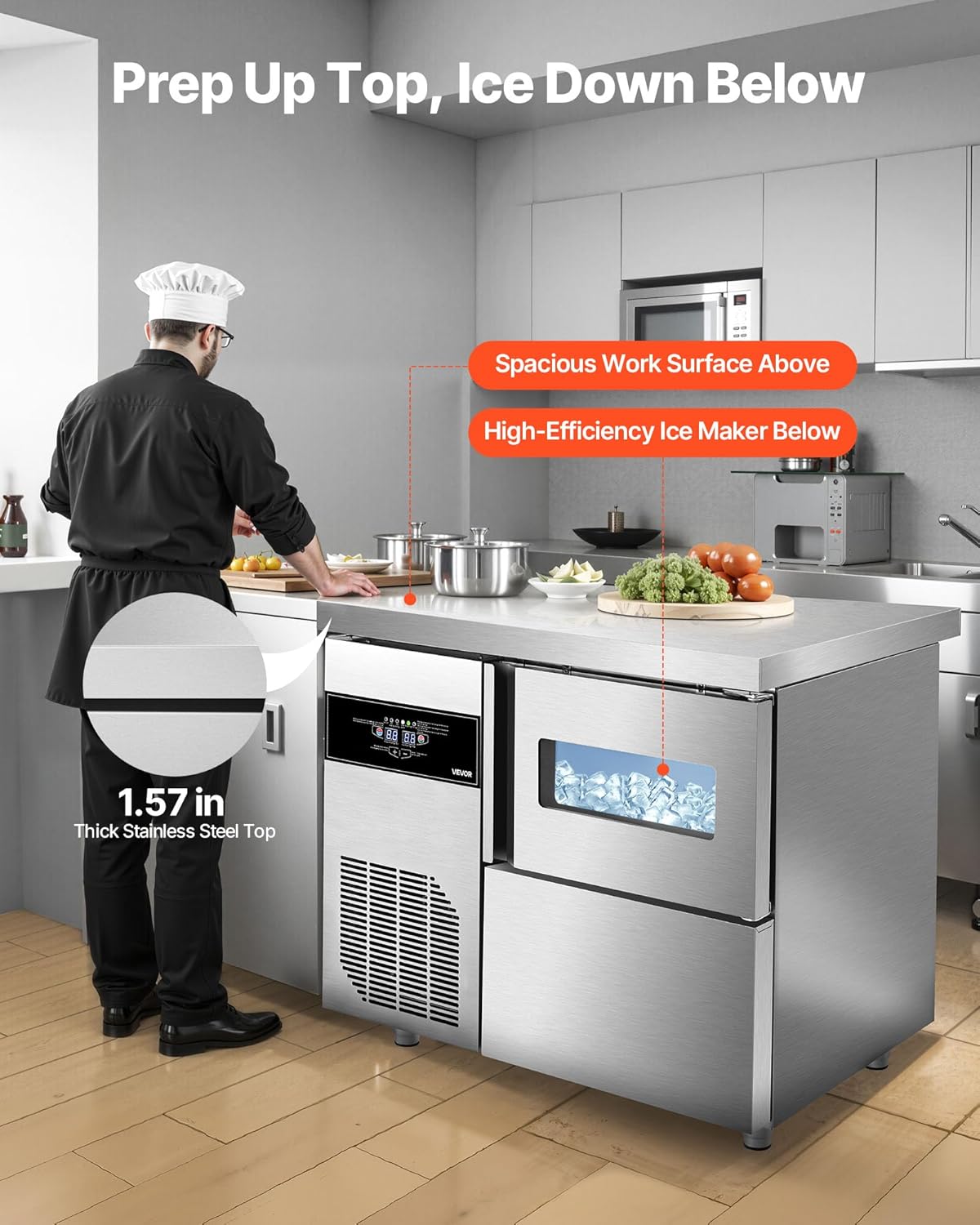 VEVOR Commercial Ice Maker Machine, 132 lbs/24H Stainless Steel Ice Machine with Worktop, 30 lbs Ice Storage Bin & Touch Screen, Self-Cleaning Freestanding Ice Making for Home Bar Restaurant Kitchen