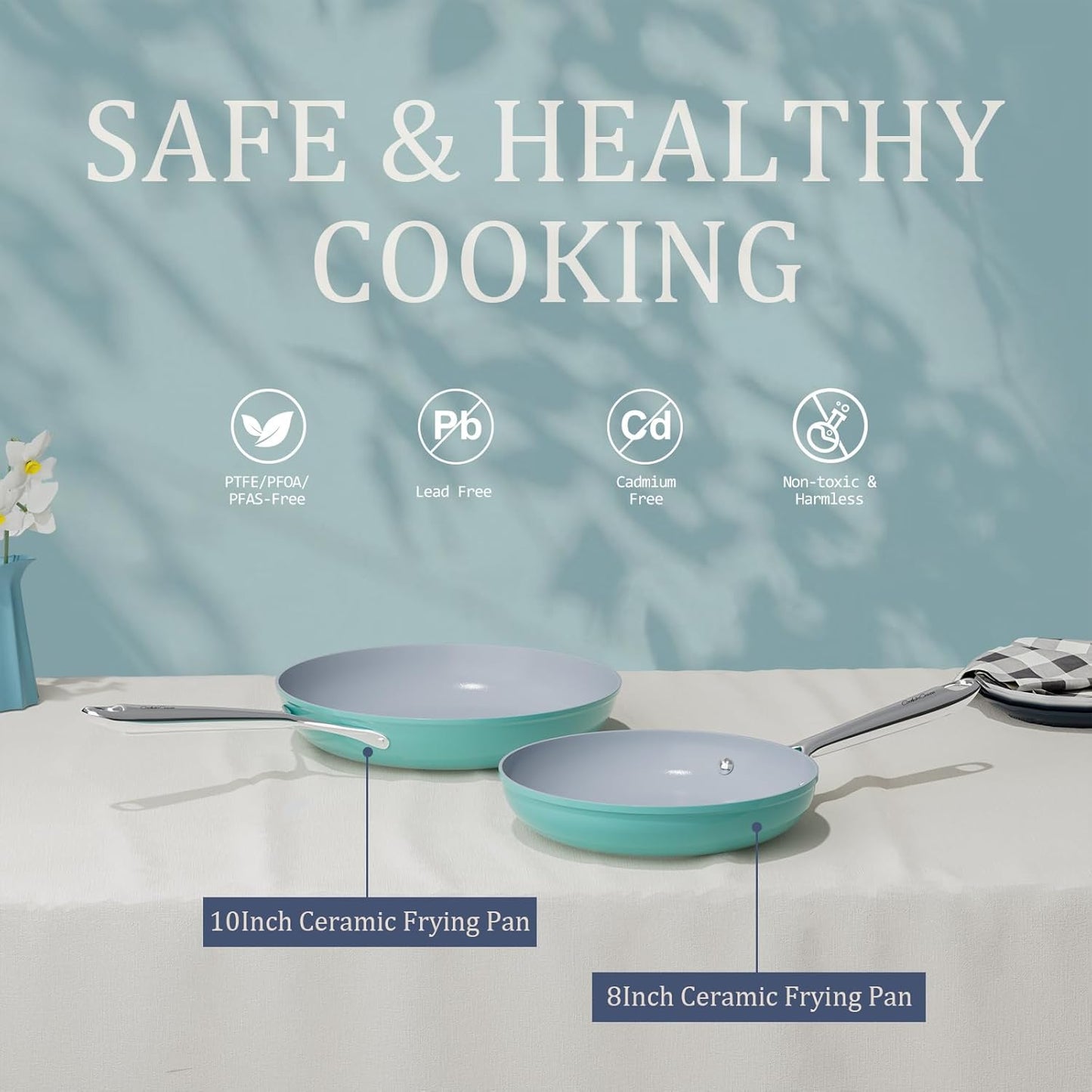 Nonstick Ceramic Frying Pan 10 Inch for Induction Cooktop - Non Toxic, PTFE/PFOA/PFAS Free, Oven & Dishwasher Safe up to 500°F - Non Stick Skillet with Stay-Cool Handle - Caribbean Blue