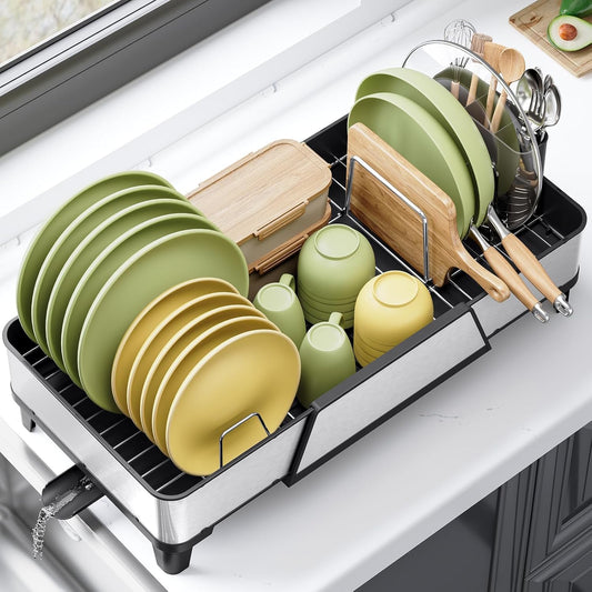 Triple Expandable Dish Drying Rack, Extra Large Dish Rack for Kitchen Counter, Stainless Steel Dish Drying Rack, Foldable Dishes Drainer, Extendable Dish Strainer with Utensil & Pans Holder, Black