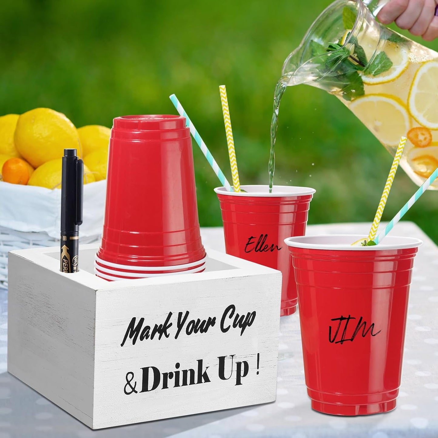 Wooden Cup Holder - Party Cup Holder with Marker Slot, Cup Holder for Party and Wedding, Rustic Disposable Cup Holder for Bar, Kitchen, Countertop, Home & Office, White