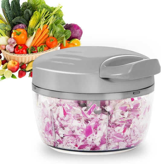 Manual Food Processor Vegetable Chopper 2.3 Cup Small Mini Hand Pull String Onion Chopper Garlic Mincer Cutter with 3 Stainless Steel Blades (Grey, 550 ml)