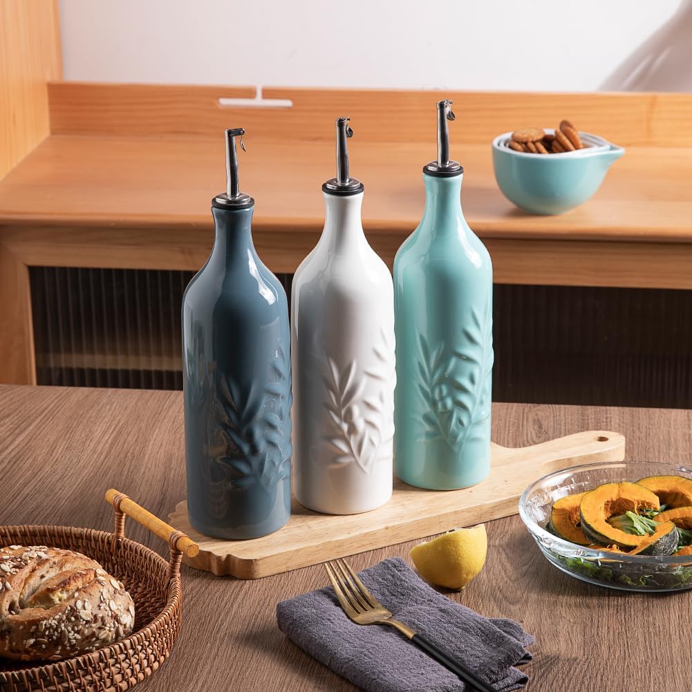 Sweejar Large Ceramic Olive Oil Dispenser Bottle, 24 Oz Relief Opaque Oil Cruet Protects Oil To Reduce Oxidation, Storage Oil, Vinegar, Soy Sauce, Coffee Syrup, Liquids, Set of 1 (White)