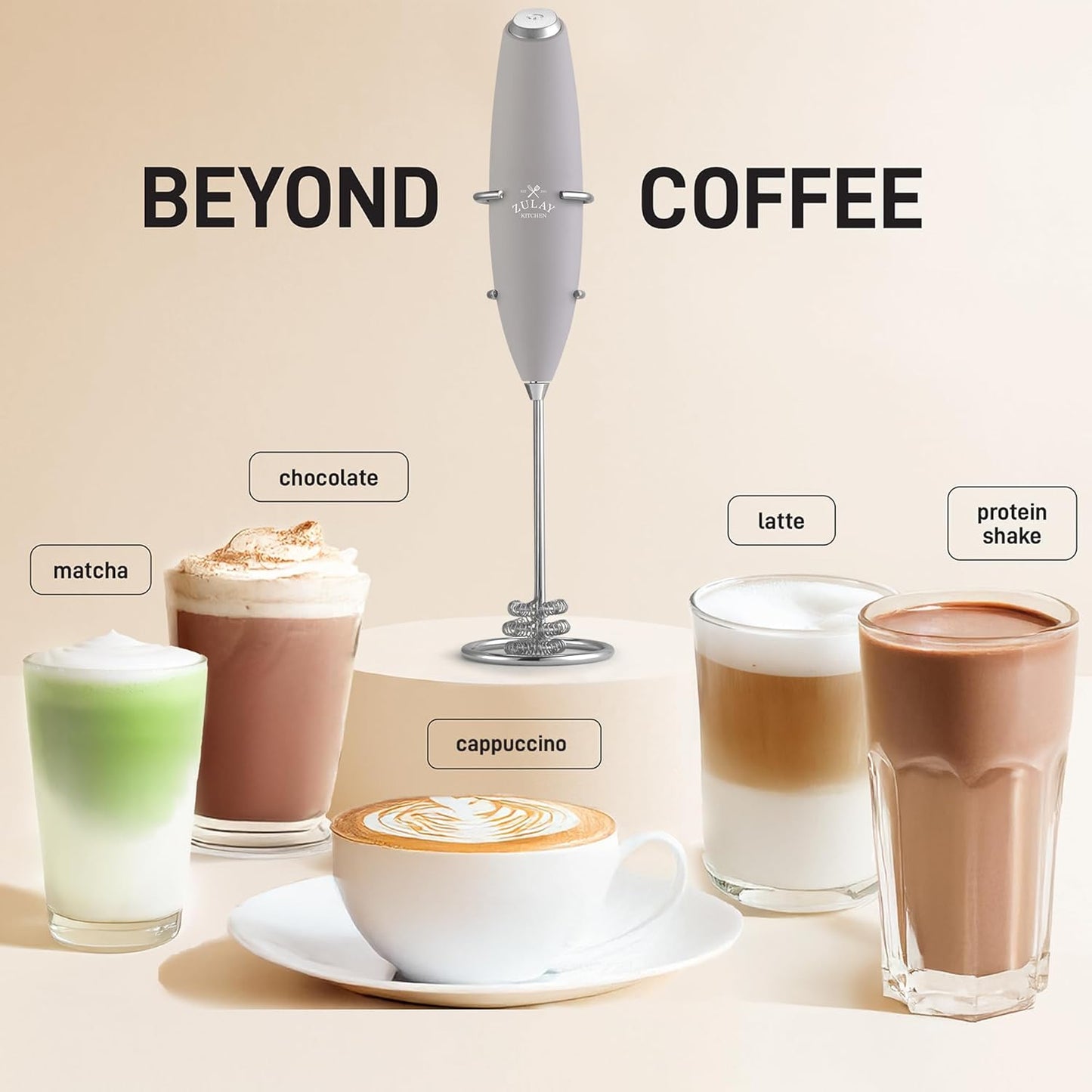 Zulay Kitchen Patented Tornado Triple Whisk Milk Frother with 4 Duracell Batteries – Handheld Foam Maker for Coffee, Lattes, Matcha & Hot Chocolate – Rich, Creamy Froth in Seconds