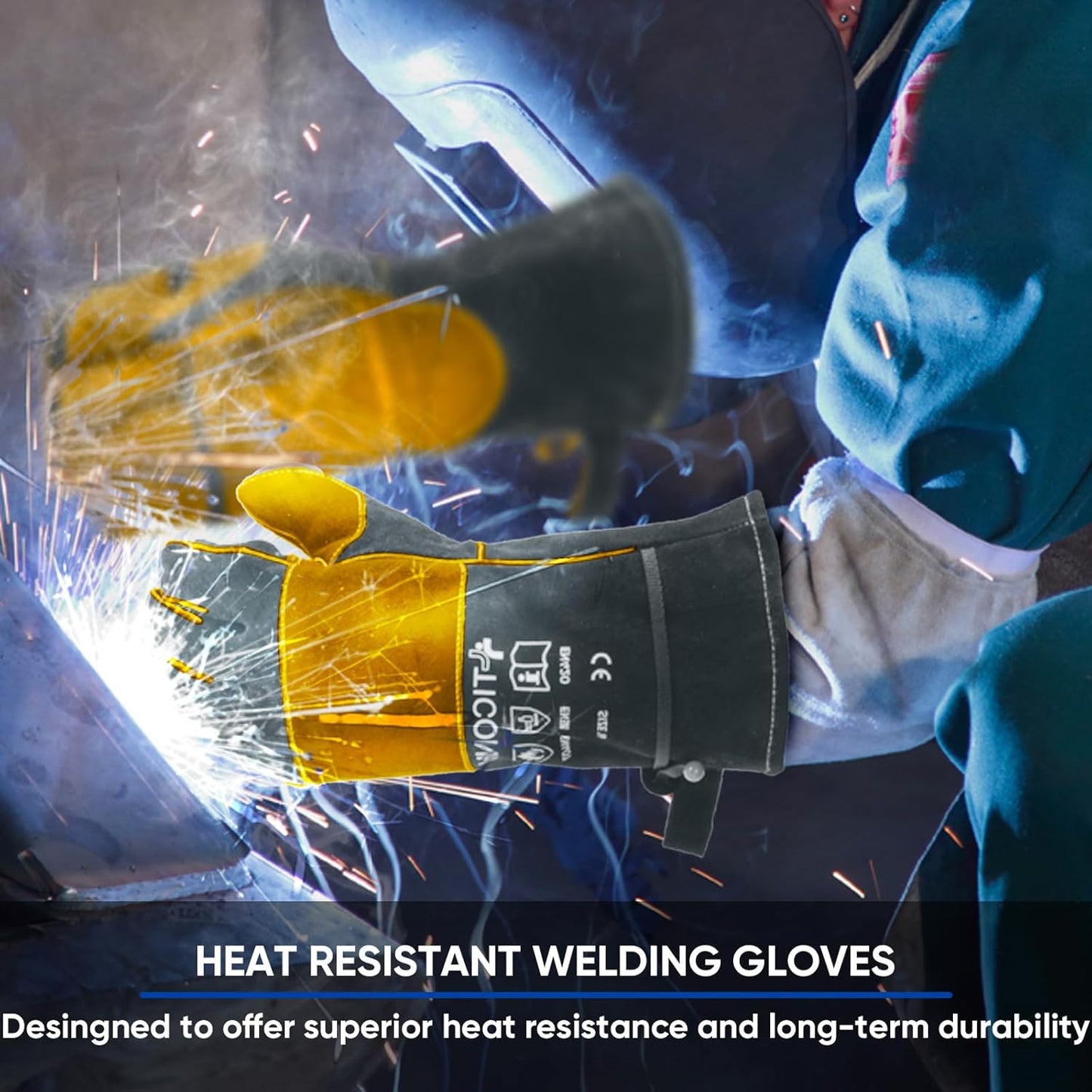 TICONN Welding Gloves, 16 IN L/XL/XXL 1000°F Heat-Resistant Fireproof Leather Gloves for Welders, Stick, Forge, Mig, Tig, BBQ