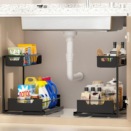 Under Kitchen Sink Organizers and Storage Pull Out 2 Tier Metal Bathroom Cabinet Organizer (Black, 2 Pack)