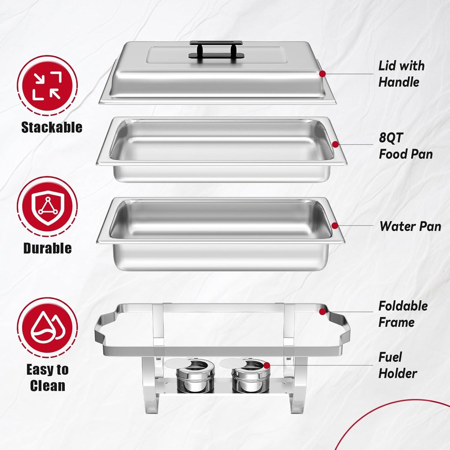 6 Pack Chafing Dish Buffet Set, 8QT Stainless Steel Rectangular Chafers and Buffet Warmer Sets for Catering, with Food & Water Pan, Lid, Foldable Frame, Fuel Holder for Event Party Holiday