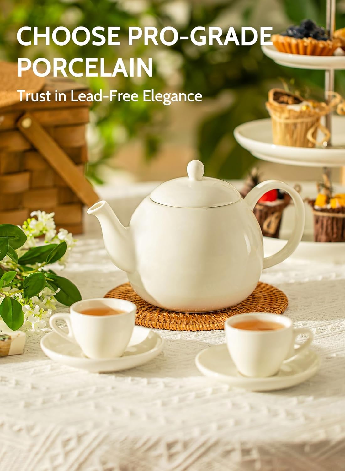 Sweese Porcelain Teapot, 40 Ounce Tea Pot - Large Enough for 5 Cups, White