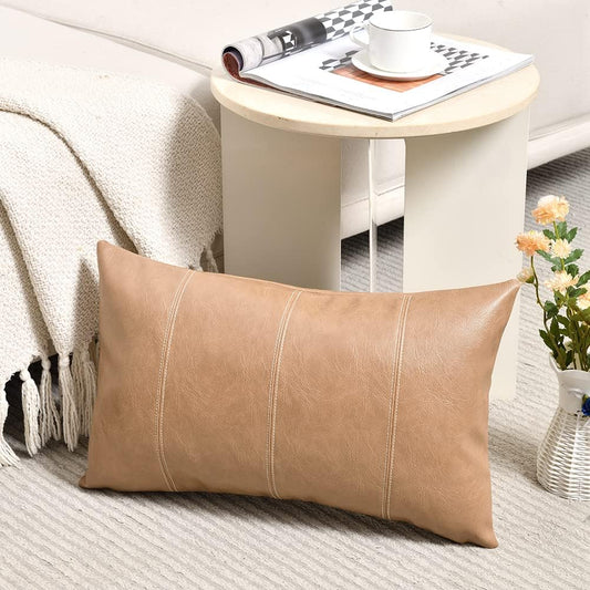 Fancy Homi Tan Long Lumbar Faux Leather Decorative Throw Pillow Covers 12x24 Inch for Living Room Couch Bed, Beige Hand Stitched Cushion Case 30x60 cm, Taupe Modern Farmhouse Home Decor