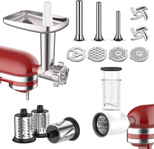 Meat Grinder and Cheese Grater Attachment for KitchenAid Stand Mixer, Slicer Shredder & Meat Grinder with Sausage Stuffer, 2 Pcs for Kitchen Aid Accessories and Attachments