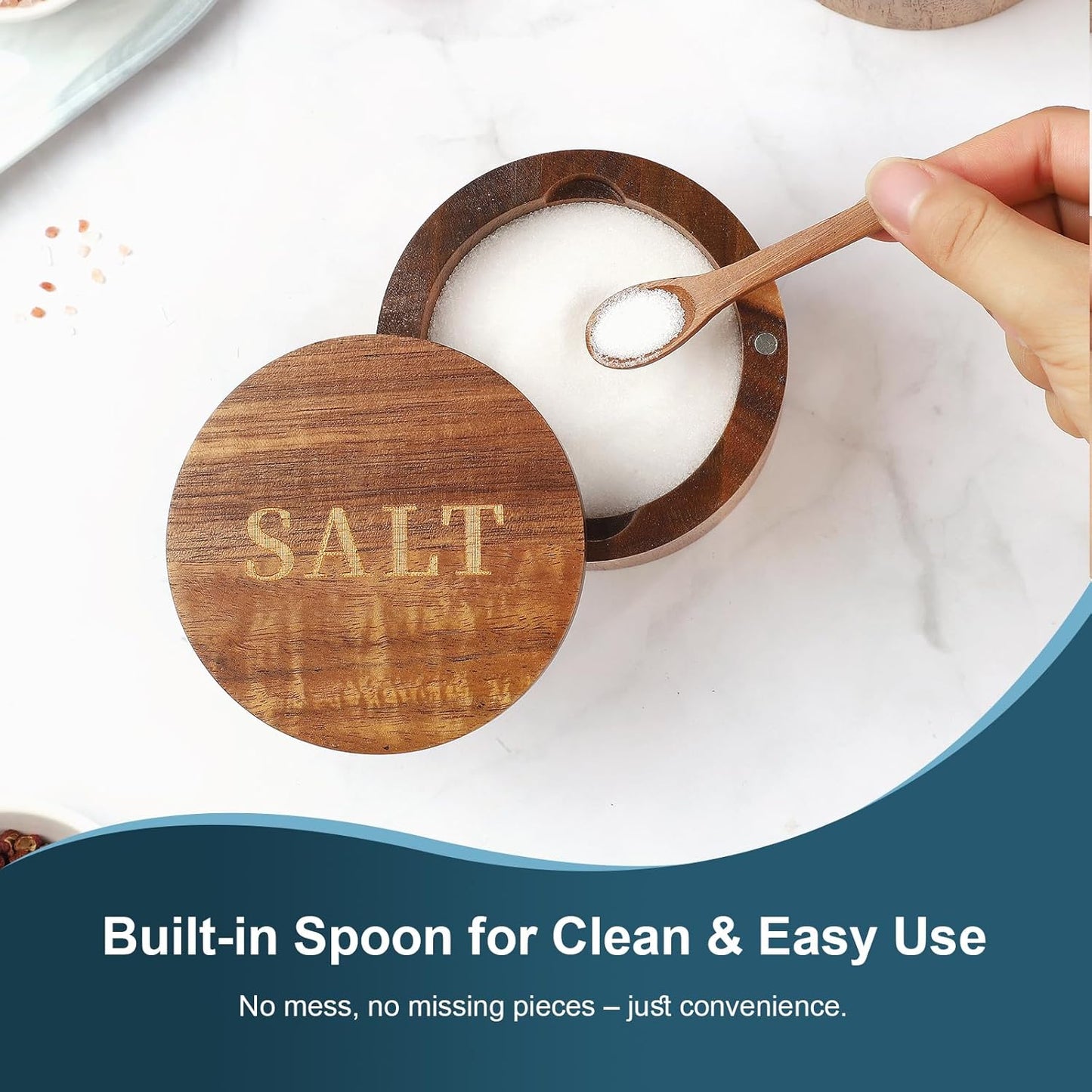 Salt Cellar, Acacia Wood Salt Container with Built-in Spoon & Swivel Lid, Engraved SALT Box, Salt Holder Bowl for Countertop Seasoning Storage