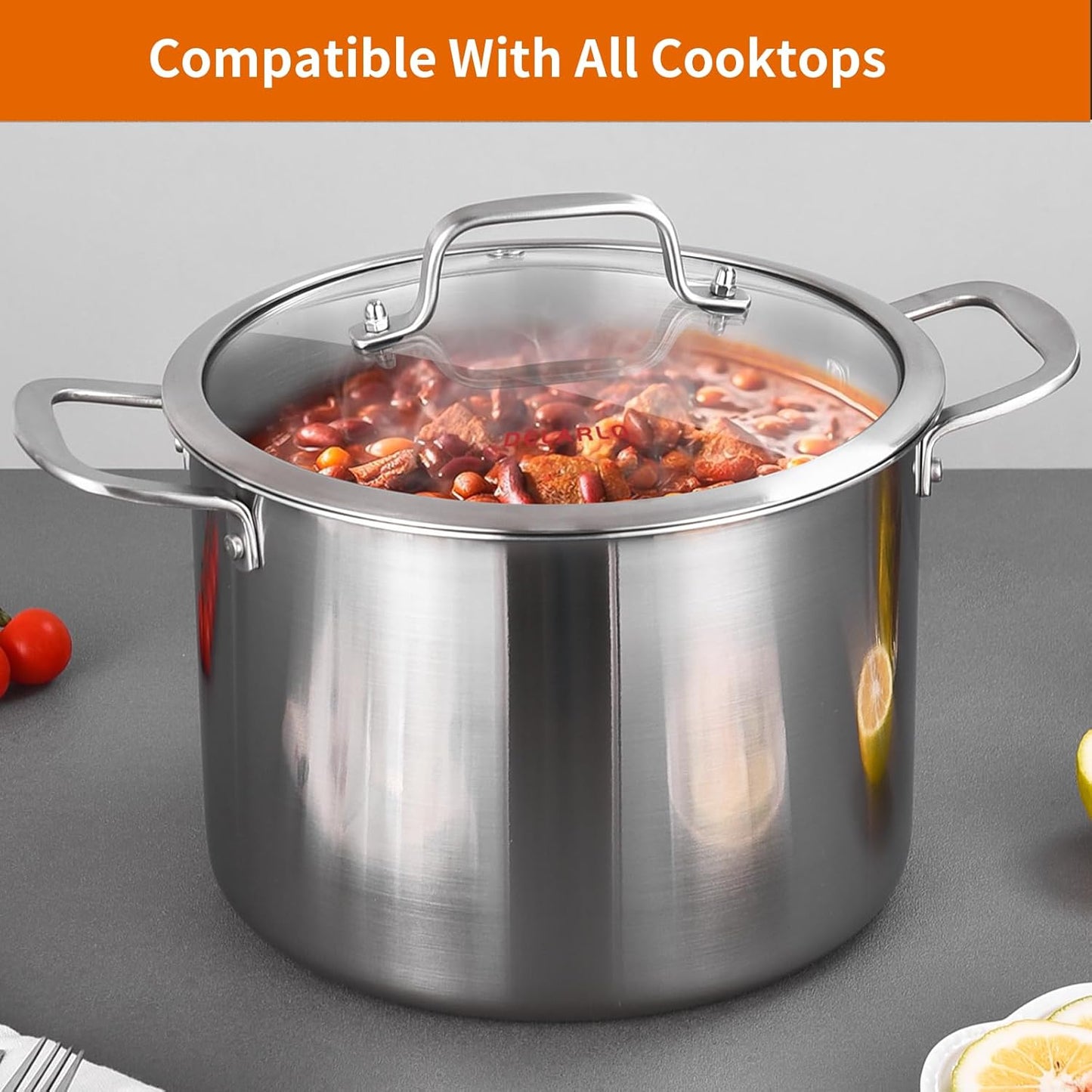 DELARLO Tri-Ply Stainless Steel 8 Quart Stock Pot, All Stove Compatible Up to 600℉ Soup Pot with Lid, 18/10 Induction Big Stockpot with Lids, Large Stainless Steel Induction for Cooking