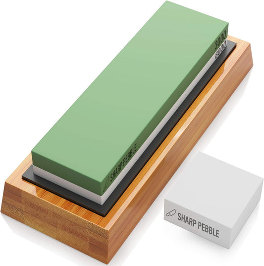 Sharp Pebble Premium Whetstone Knife Sharpening Stone 2 Side Grit 3000/8000 Wetstone Kit -Wetstone Kitchen Knife Sharpener with Non-Slip Bamboo Base & Flattening Stone